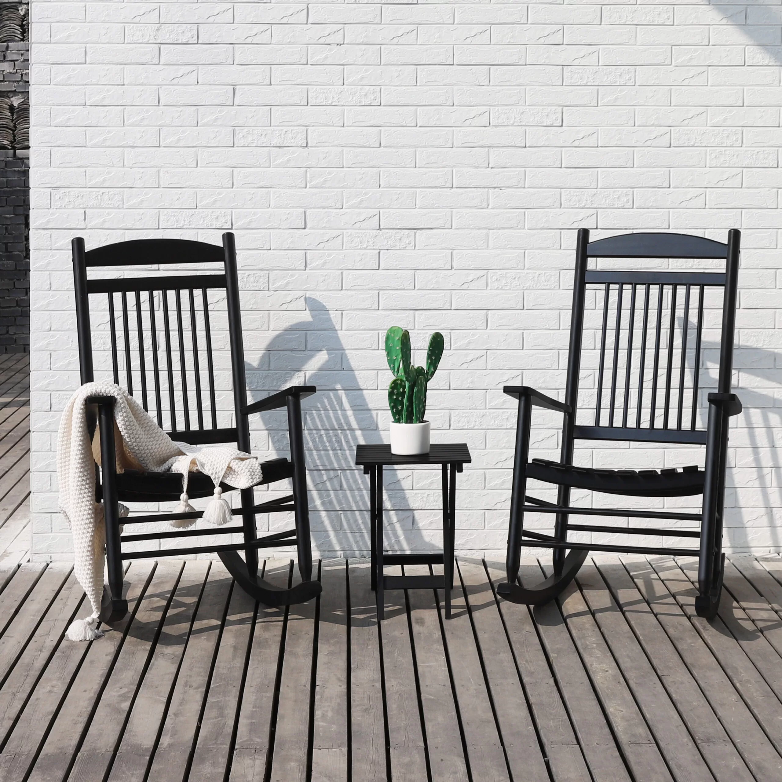 VEIKOUS 2 Black Wood Frame Rocking Chair(s) with Slat Seat