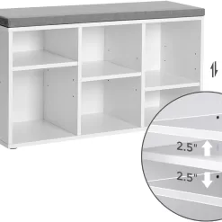 VASAGLE Shoe Bench, Shoe Storage Organizer with 6 Compartments and 3 Adjustable Shelves, White and Gray ULHS23WT