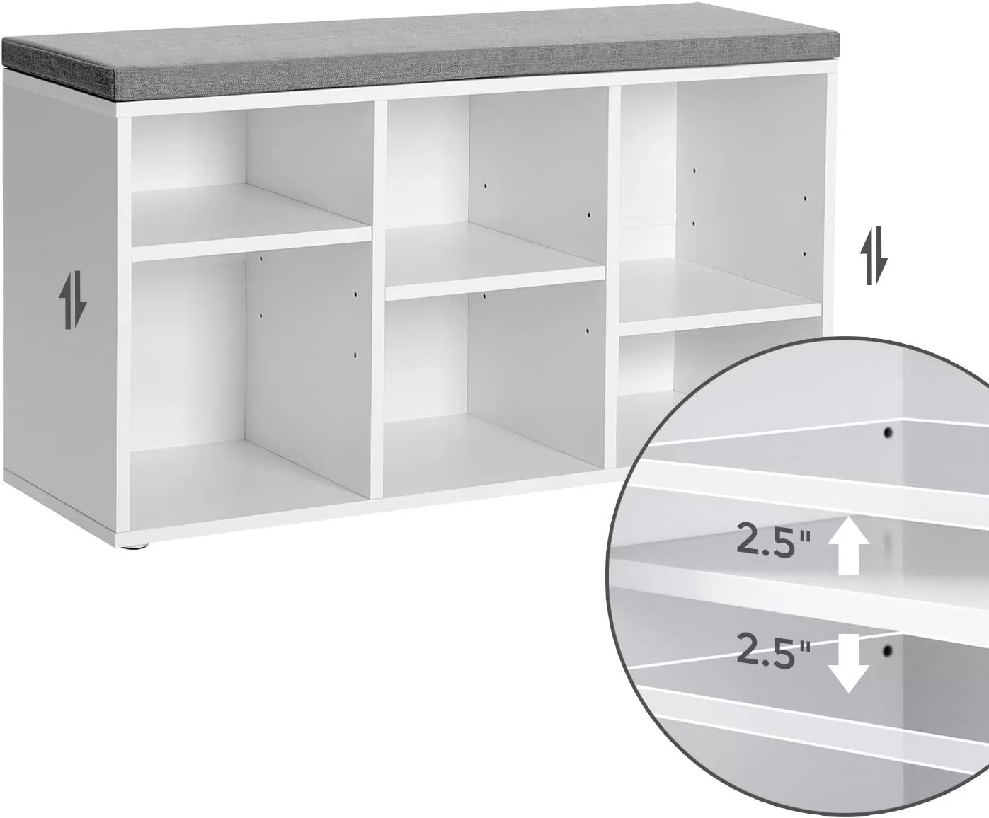 VASAGLE Shoe Bench, Shoe Storage Organizer with 6 Compartments and 3 Adjustable Shelves, White and Gray ULHS23WT