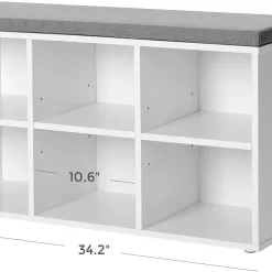 VASAGLE Shoe Bench, Shoe Storage Organizer with 6 Compartments and 3 Adjustable Shelves, White and Gray ULHS23WT