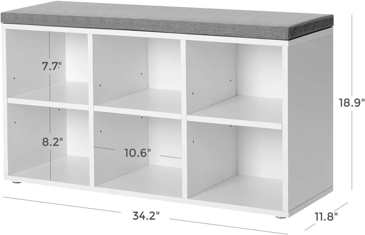 VASAGLE Shoe Bench, Shoe Storage Organizer with 6 Compartments and 3 Adjustable Shelves, White and Gray ULHS23WT