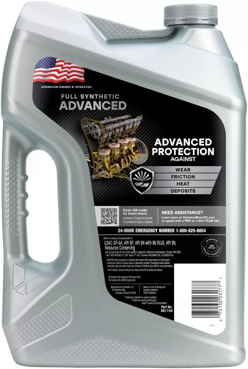 Valvoline Advanced Full Synthetic SAE 0W-20 Motor Oil 5 QT