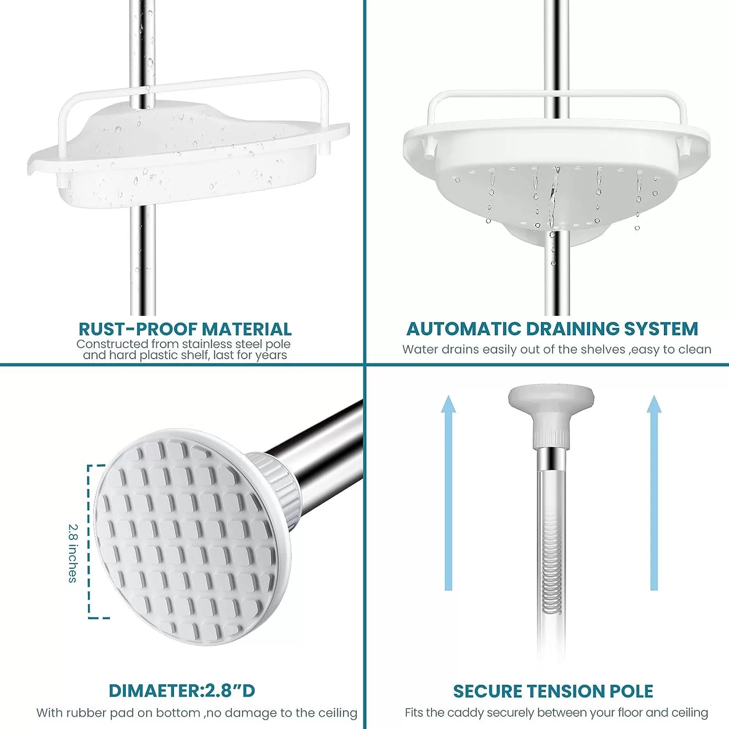 ALLZONE Rustproof Shower Caddy Corner for Bathroom, 56 to 114 Inch, White