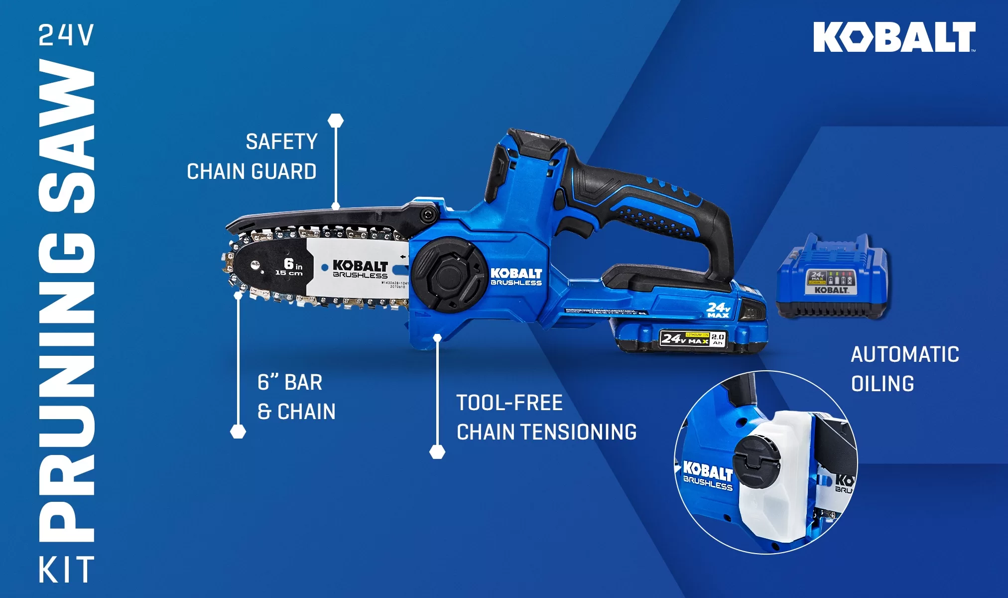 Kobalt 24-volt 6-in Brushless Battery 2 Amp 2 Ah Chainsaw (Battery and Charger Included)