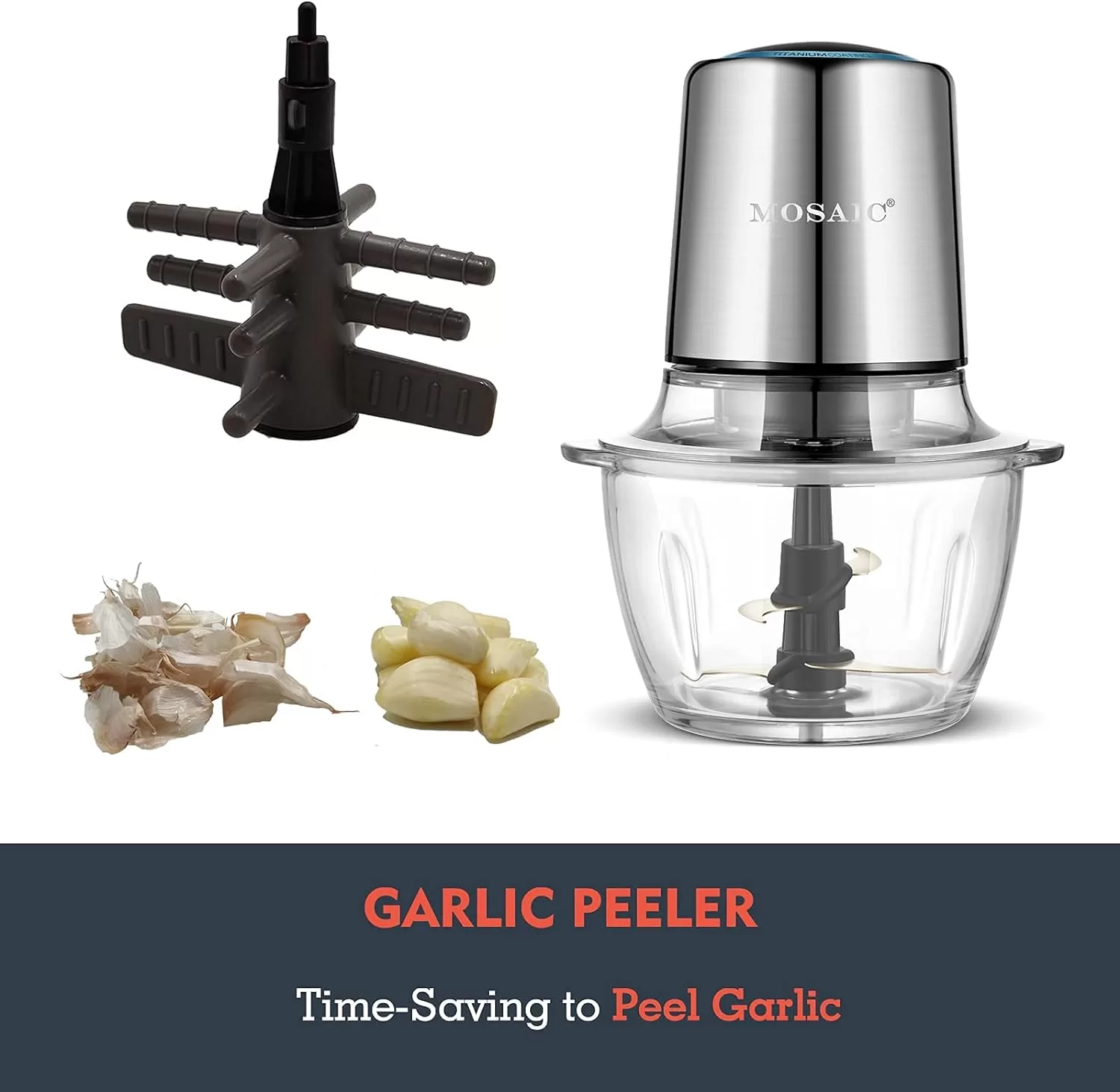 Electric Food Processor,Food Chopper with Garlic Peeler and Titanium Coating Blades, Silver