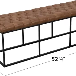 HomePop Faux Leather Button Tufted Decorative Bench with Metal Base, Brown