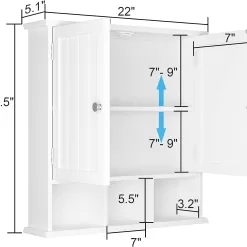 ChooChoo Bathroom Cabinet Wall Mounted 2-Door with 3 Open Shelves, Wooden Medicine Cabinets, White
