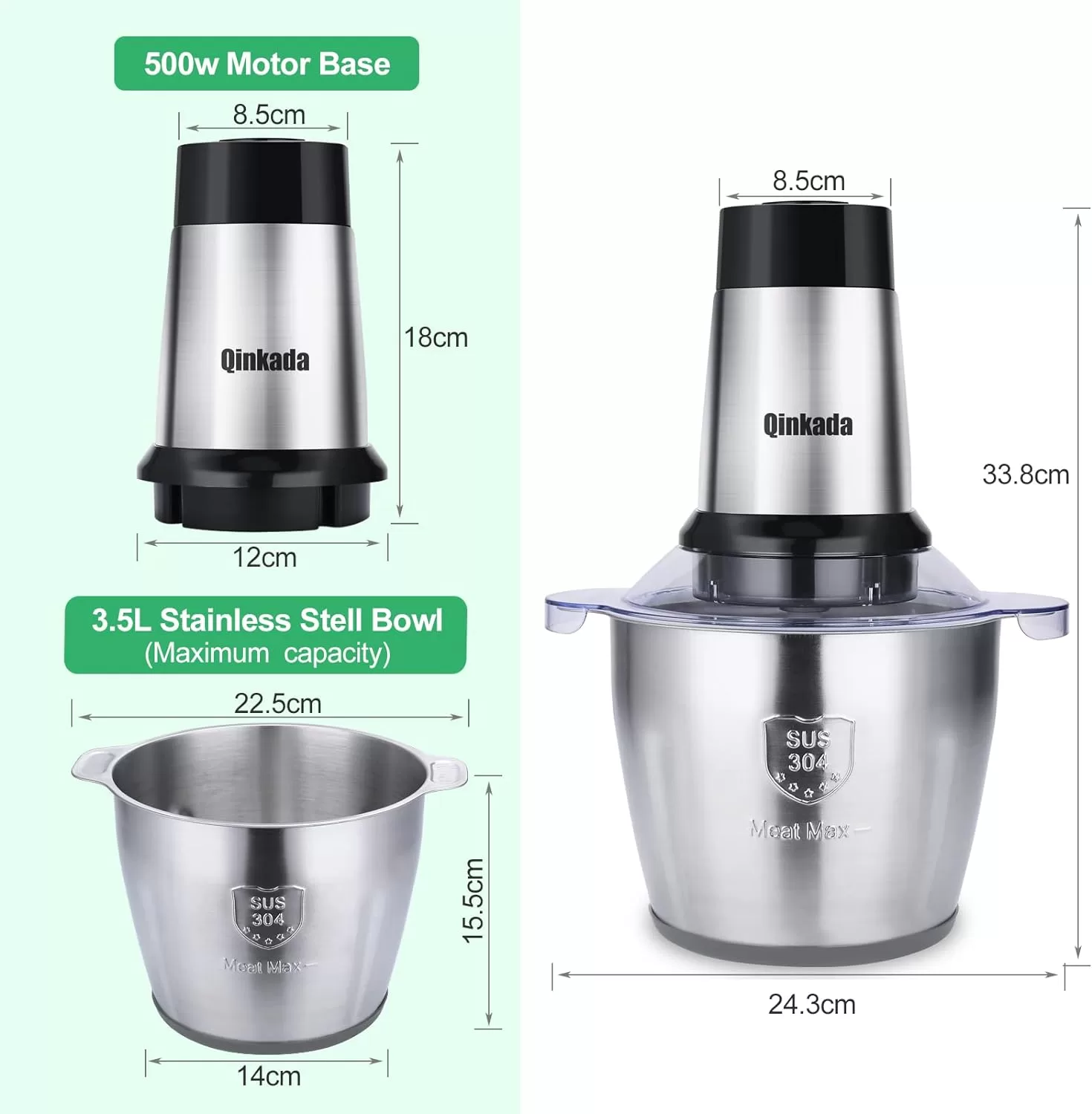 Electric Meat Grinder, Qinkada 500W Food Processor 3.5L Chopping Meat