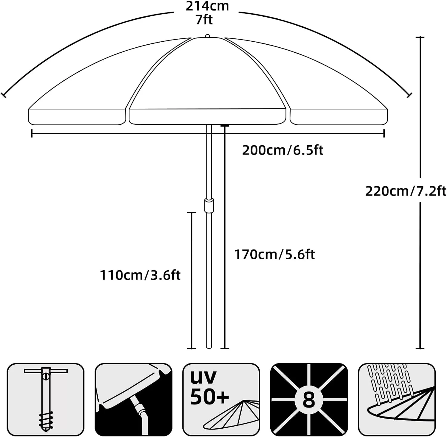 AMMSUN 7ft Heavy Duty High Wind Beach Umbrella Parasols with sand anchor & Tilt Sun Shelter