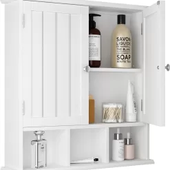ChooChoo Bathroom Cabinet Wall Mounted 2-Door with 3 Open Shelves, Wooden Medicine Cabinets, White
