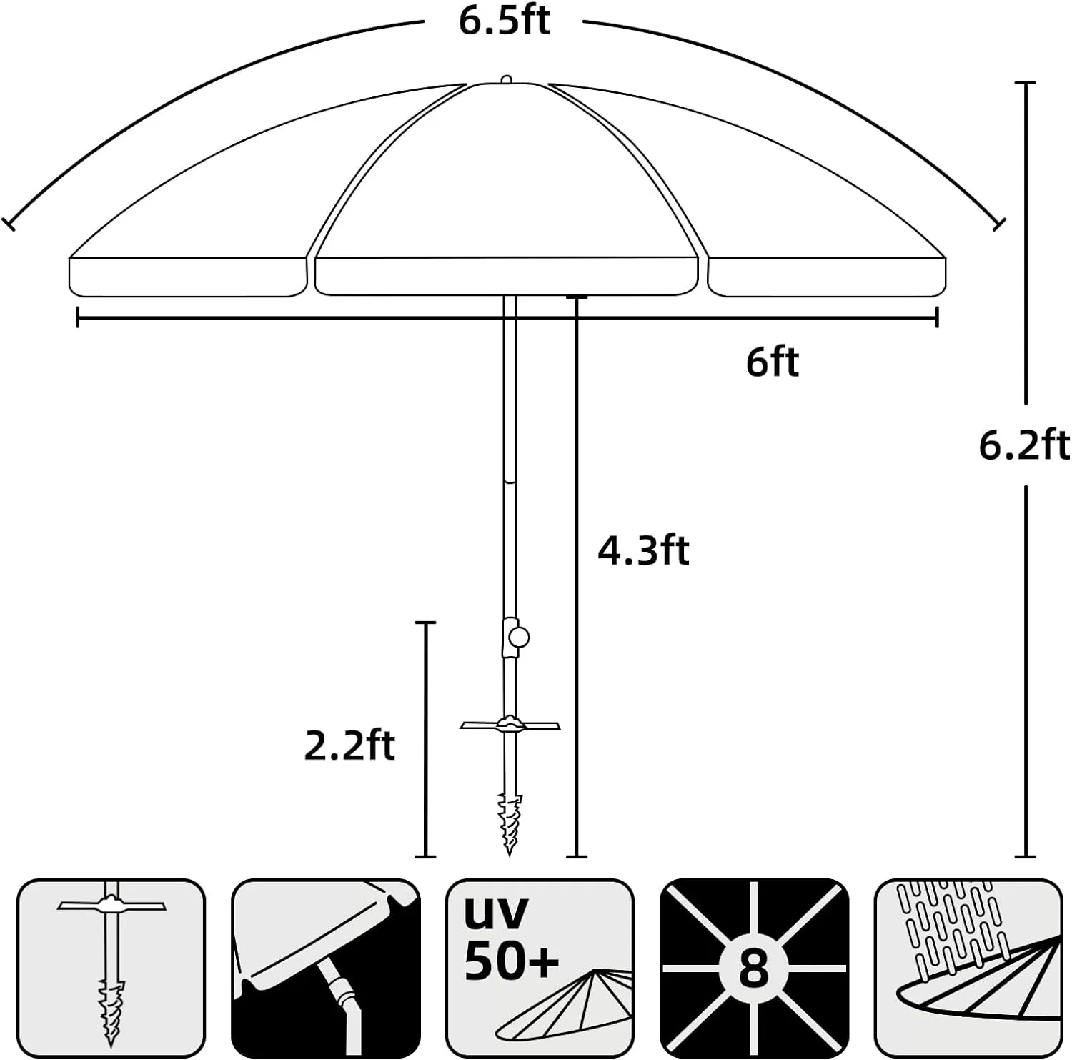 AMMSUN 6.5ft twice folded Portable beach umbrella with sand anchor windproof