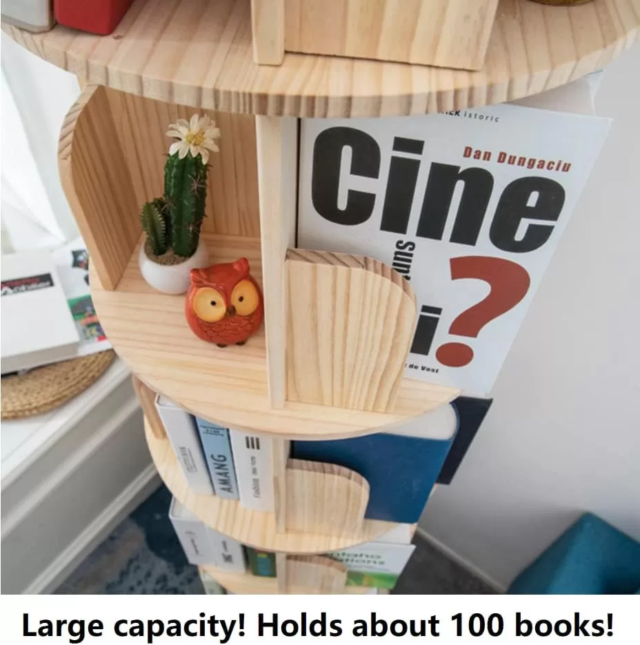 Rotating Bookshelf 360 Display 4 Tier Floor Standing Bookcase Storage Rack for Kids&Adults Solid Wood Bookshelf Organizer