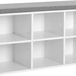 VASAGLE Shoe Bench, Shoe Storage Organizer with 6 Compartments and 3 Adjustable Shelves, White and Gray ULHS23WT