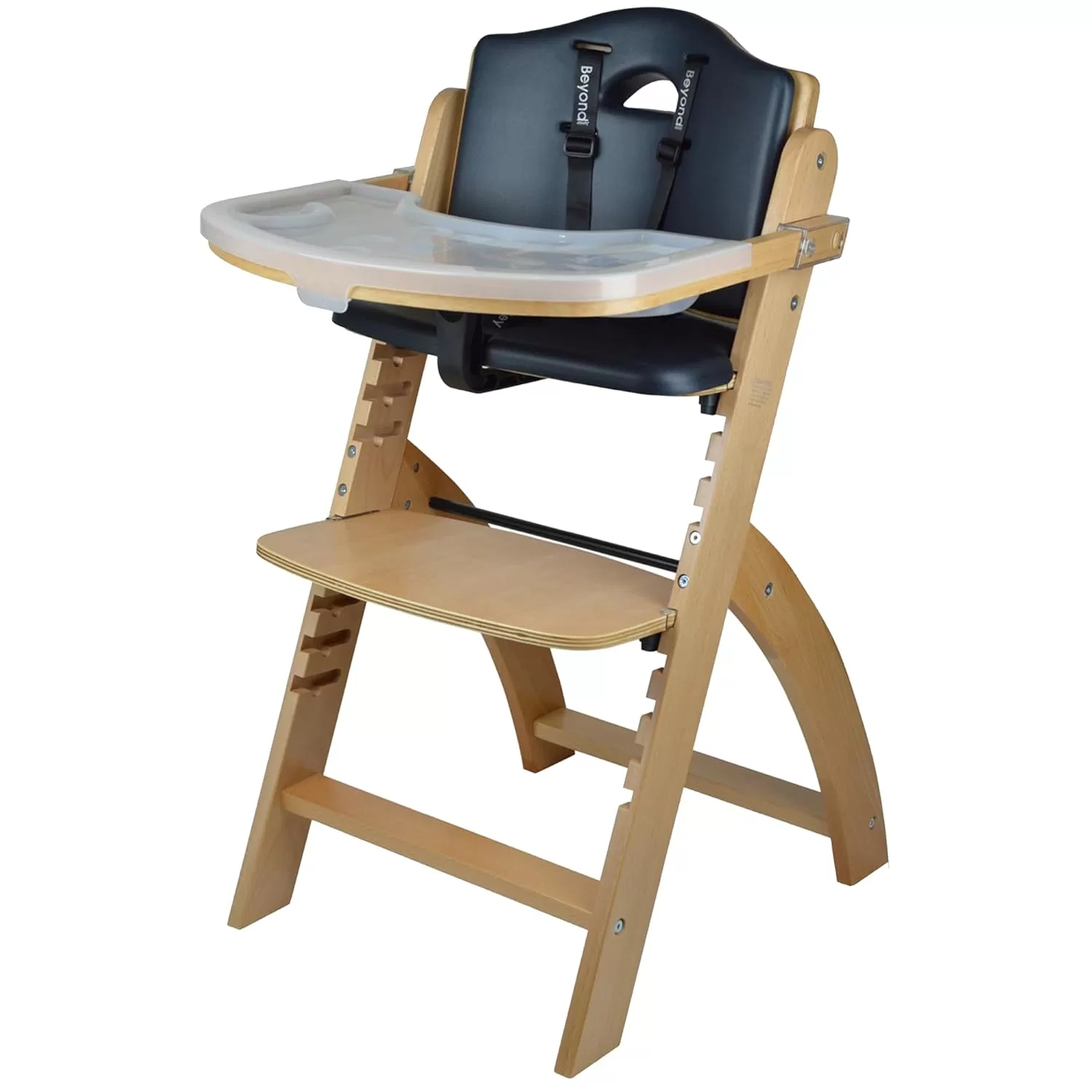 Abiie Beyond Junior Wooden High Chair with Tray. The Perfect Adjustable Baby Highchair Solution - Natural Wood/Black Cushion
