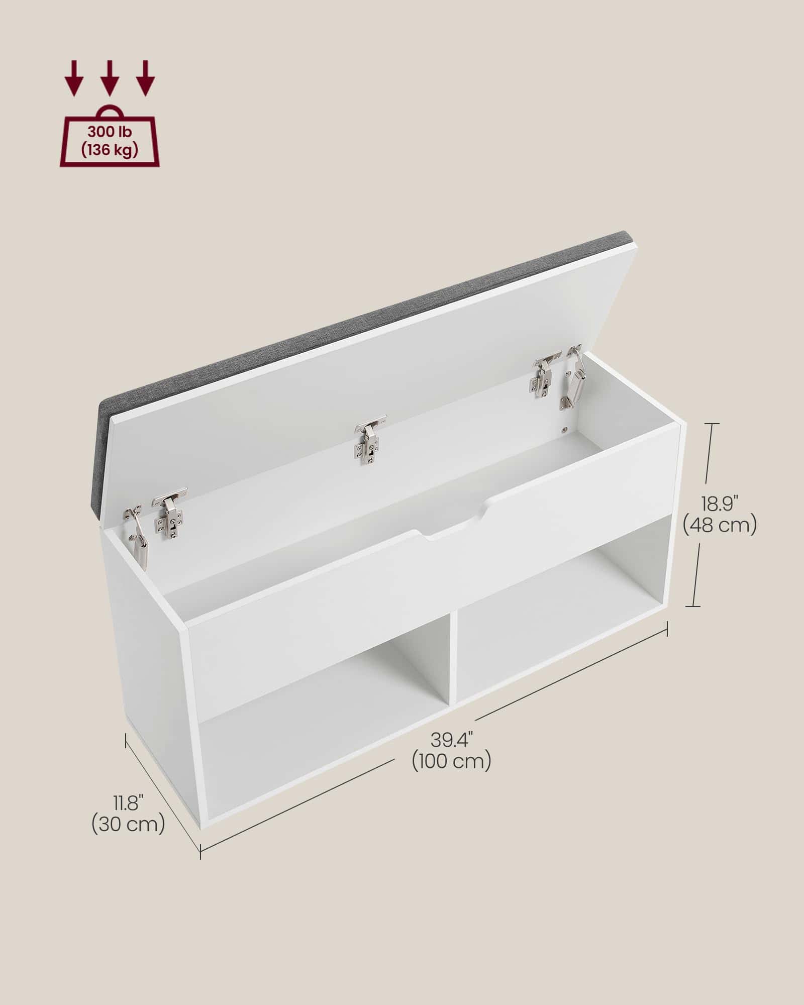 VASAGLE Shoe Bench, Storage Bench with 2 Open and 1 Closed Compartments, White and Gray ULHS021W01 - Image 5
