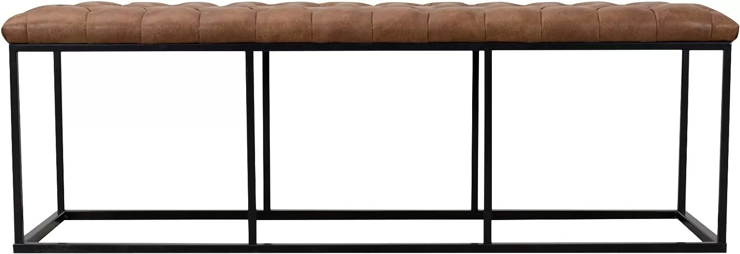 HomePop Faux Leather Button Tufted Decorative Bench with Metal Base, Brown