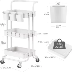 ALVOROG 3-Tier Rolling Utility Cart Storage Shelves Multifunction Storage Trolley Service Cart (White)