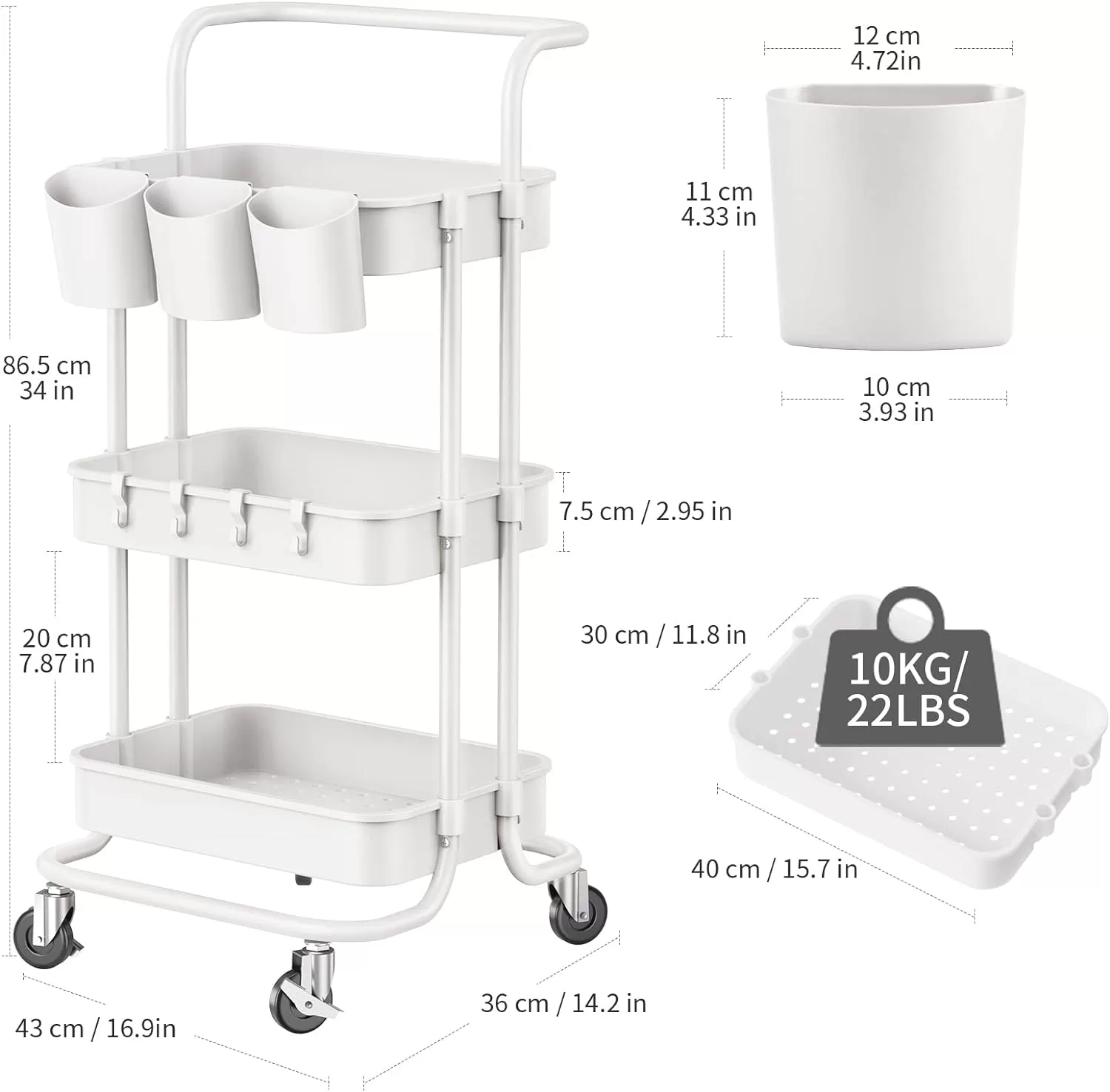 ALVOROG 3-Tier Rolling Utility Cart Storage Shelves Multifunction Storage Trolley Service Cart (White)