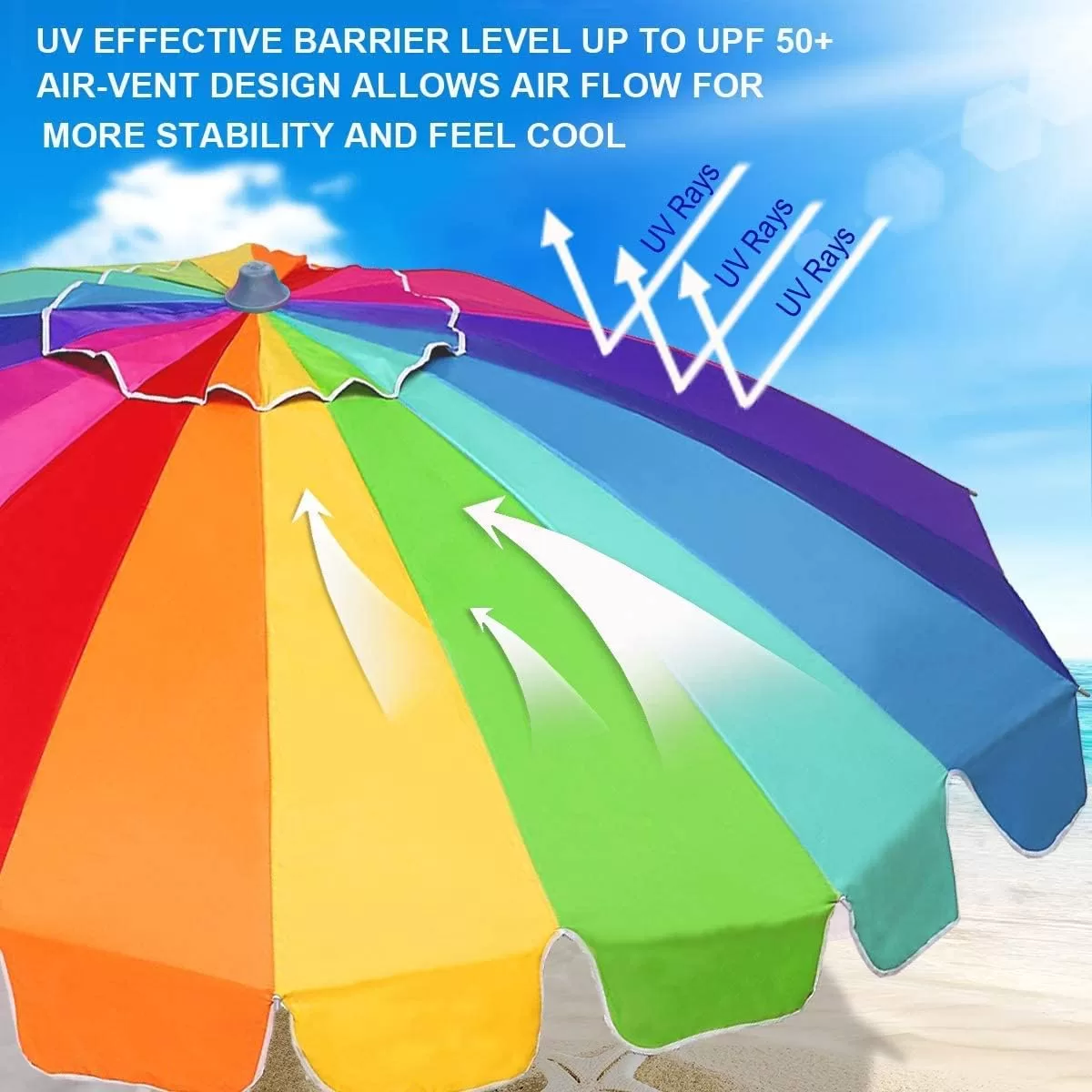 AMMSUN 7.5ft Heavy Duty HIGH Wind Beach Umbrella with sand anchor & Tilt Sun Shelter (Rainbow)