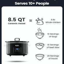 KOOC 8.5-Quart Programmable Slow Cooker, Larger than 8 Quart, More Practical than 10 Quart, Black, Oval
