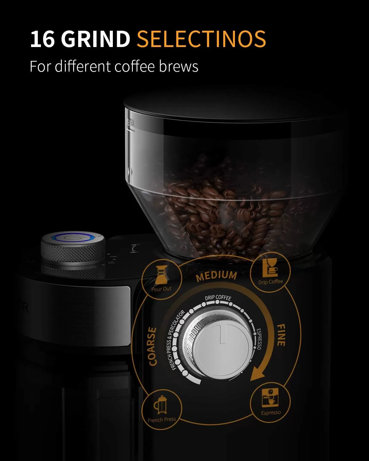 SHARDOR Electric Burr Coffee Grinder 2.0, Adjustable Burr Mill with 16 Precise Grind Setting for 2-14 Cup, Black