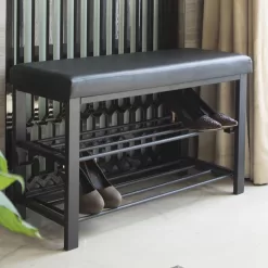 Finnhomy Entryway Shoe Rack with Cushioned Seat, Shoe Bench for Entry, Black