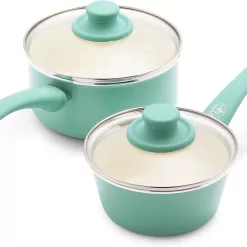 GreenLife Soft Grip Healthy Ceramic Nonstick, 1QT and 2QT Saucepan Pot Set with Lids, PFAS-Free, Dishwasher Safe, Turquoise