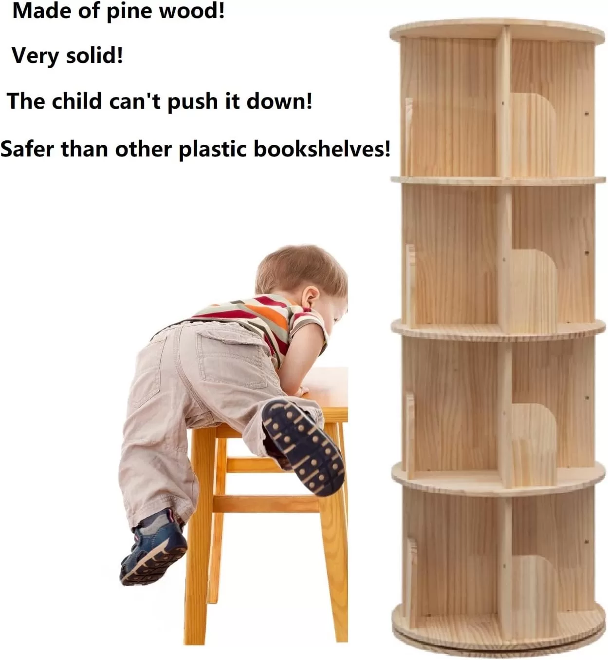 Rotating Bookshelf 360 Display 4 Tier Floor Standing Bookcase Storage Rack for Kids&Adults Solid Wood Bookshelf Organizer