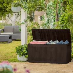 Keter Comfy Outdoor Storage 46-in L x 17.6-in 71-Gallons Brown Durable Plastic Deck Box