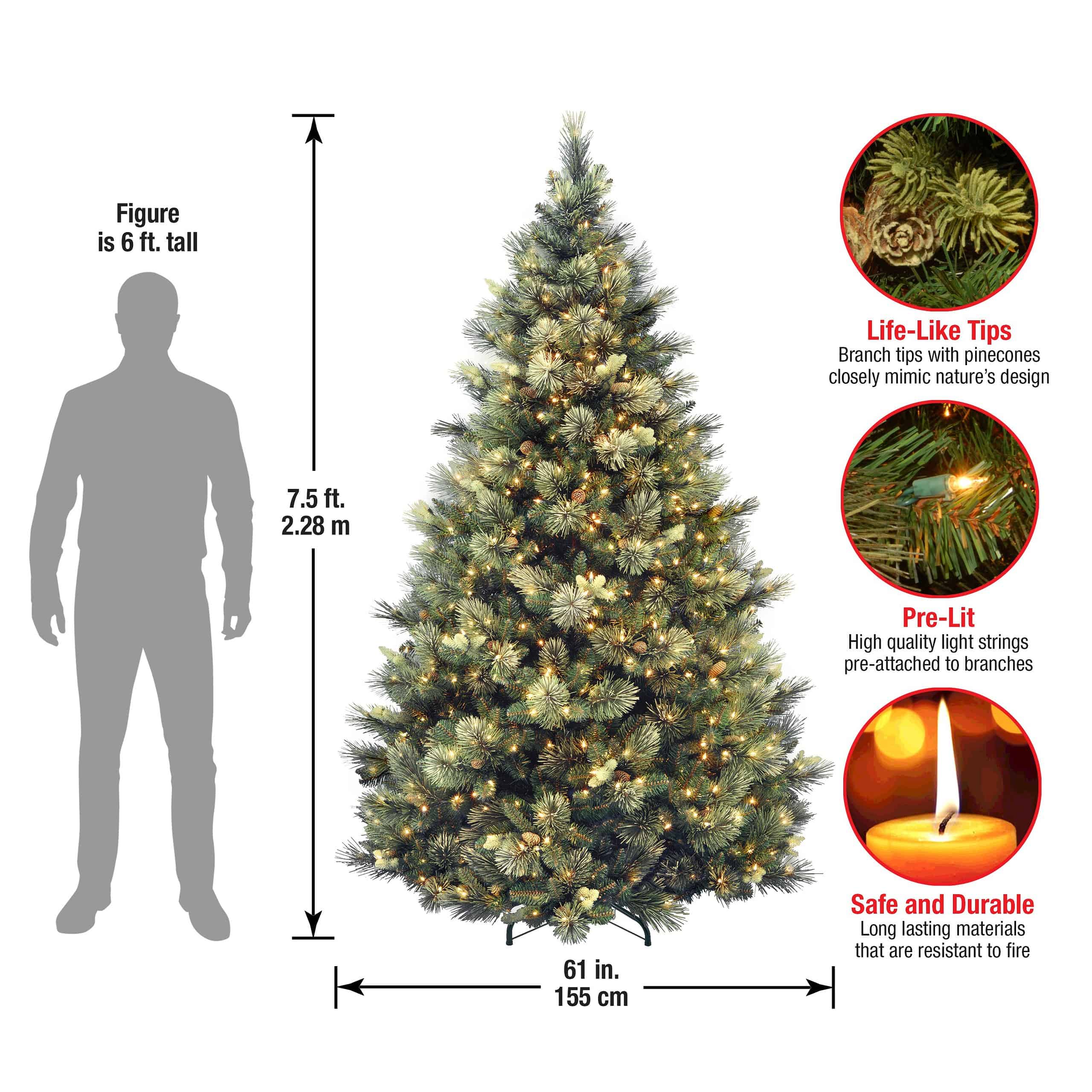 National Tree Company CAP3-306-75 7-1/2 ft. Carolina Pine Hinged Artificial Christmas Tree with 86 Flocked Cones and 750 Clear Lights - Image 8