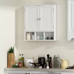 ChooChoo Bathroom Cabinet Wall Mounted 2-Door with 3 Open Shelves, Wooden Medicine Cabinets, White