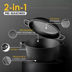 EDGING CASTING 2-in-1 Pre-Seasoned Cast Iron Dutch Oven Pot 5QT