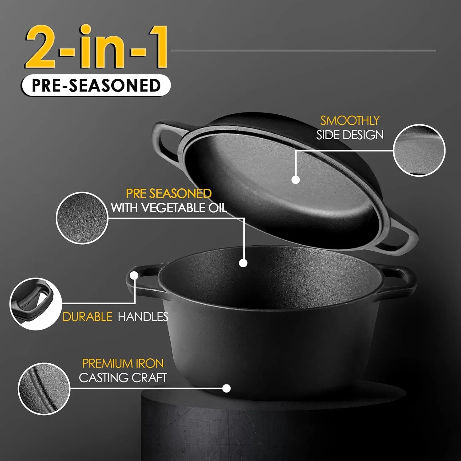 EDGING CASTING 2-in-1 Pre-Seasoned Cast Iron Dutch Oven Pot 5QT