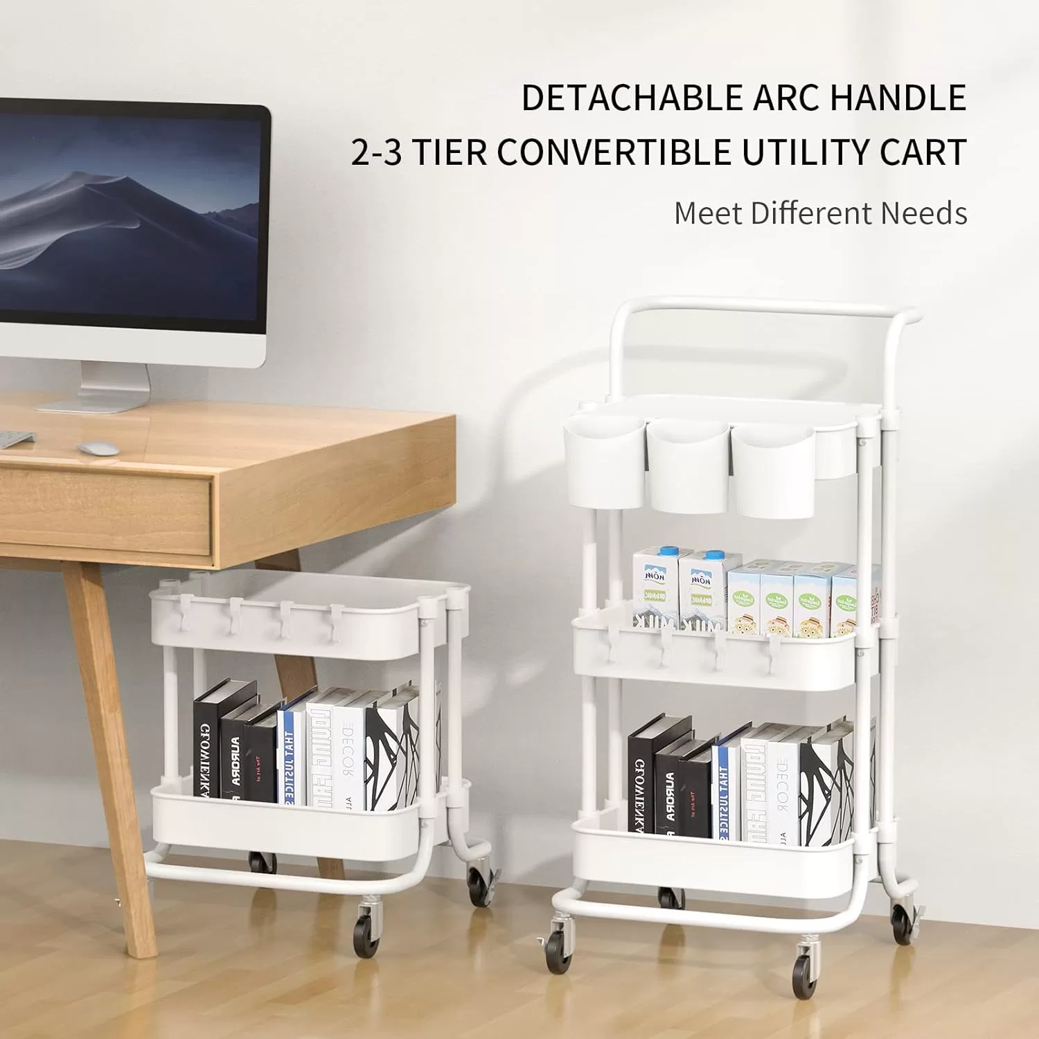 ALVOROG 3-Tier Rolling Utility Cart Storage Shelves Multifunction Storage Trolley Service Cart (White)