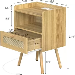 SUPERJARE Nightstands Set of 2, Night Stands with Charging Station & PE Rattan Decor Drawer - Natural