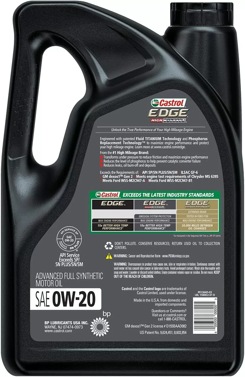 Castrol EDGE High Mileage 0W-20 Advanced Full Synthetic Motor Oil, 5 Quarts