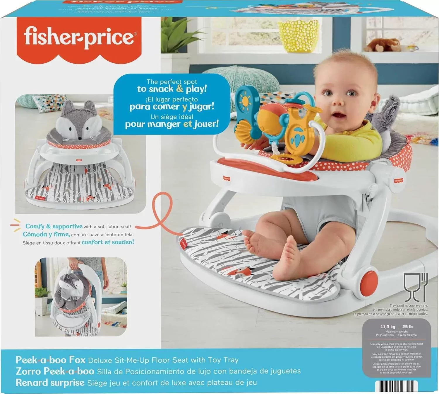 Fisher-Price Baby Portable Baby Chair Premium Sit-Me-Up Floor Seat with Snack Tray and Toy Bar,Plush Seat Pad, Peek-a-Boo Fox