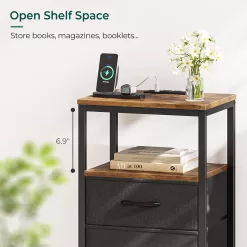 Huuger Nightstand with Charging Station, Side Table with Fabric Drawers, Rustic Brown