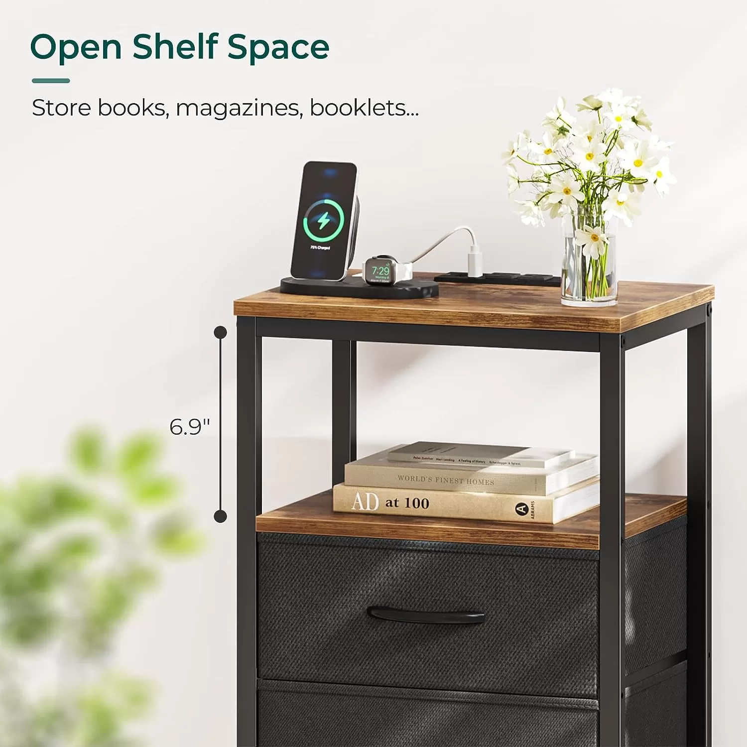 Huuger Nightstand with Charging Station, Side Table with Fabric Drawers, Rustic Brown