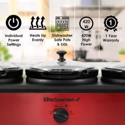 Elite Platinum EWMST-325R Maxi-Matic Triple Slow Cooker Buffet Server Adjustable Temp, Lid Rests, 3 x 2.5 Qt Capacity, Red