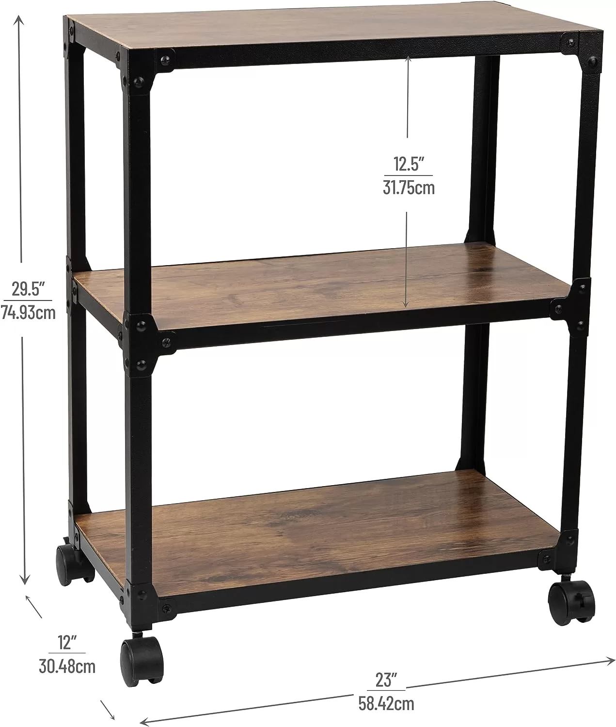 Mind Reader Woodland Collection, Rolling 3-Tier Kitchen Microwave Cart, 23"L x 12"W x 29.5"H, Brown