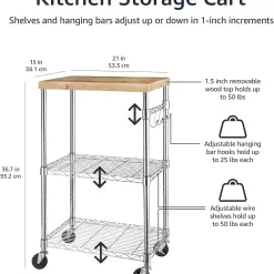 Amazon Basics Kitchen Storage Microwave Rack Cart on Caster Wheels with Adjustable Shelves, Wood/Chrome