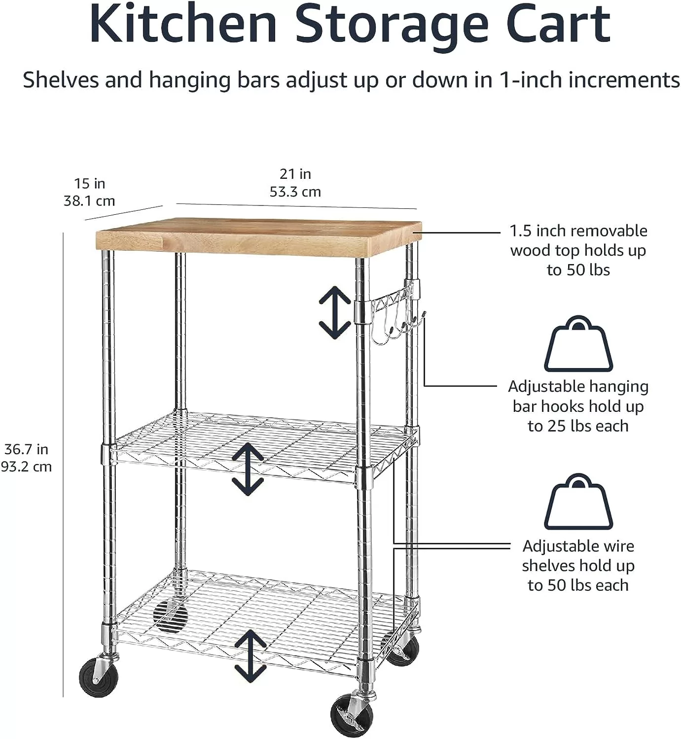 Amazon Basics Kitchen Storage Microwave Rack Cart on Caster Wheels with Adjustable Shelves, Wood/Chrome