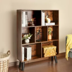 LEYAOYAO Cube Bookshelf 3 Tier Mid-Century Rustic Brown Modern Bookcase with Legs