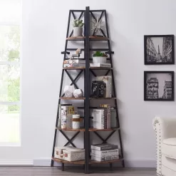 HOMBAZAAR 5-Tier Industrial Corner Bookshelf, Vintage Wood Look Accent, Rustic Brown Finish