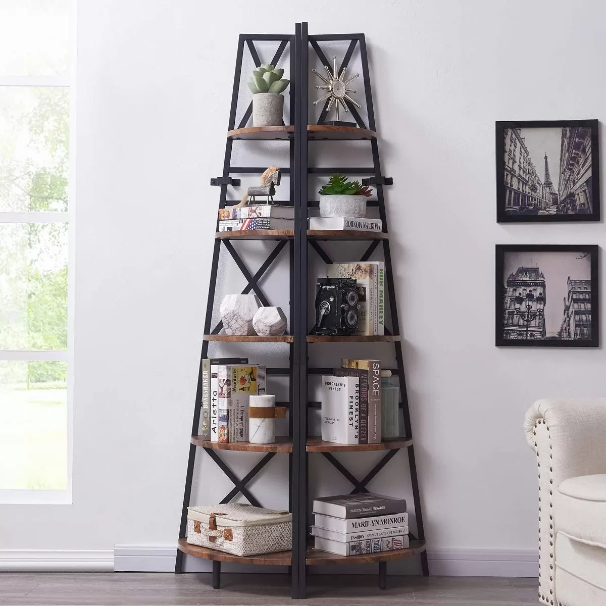 HOMBAZAAR 5-Tier Industrial Corner Bookshelf, Vintage Wood Look Accent, Rustic Brown Finish
