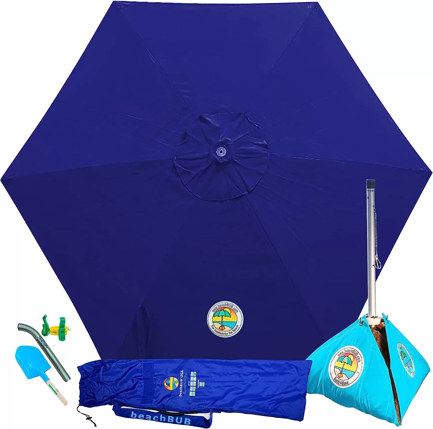 BEACHBUB All-In-One Beach Umbrella System. Includes 7.5 foot (50+ UPF) Umbrella, Oversize Bag, Base & Accessory Kit