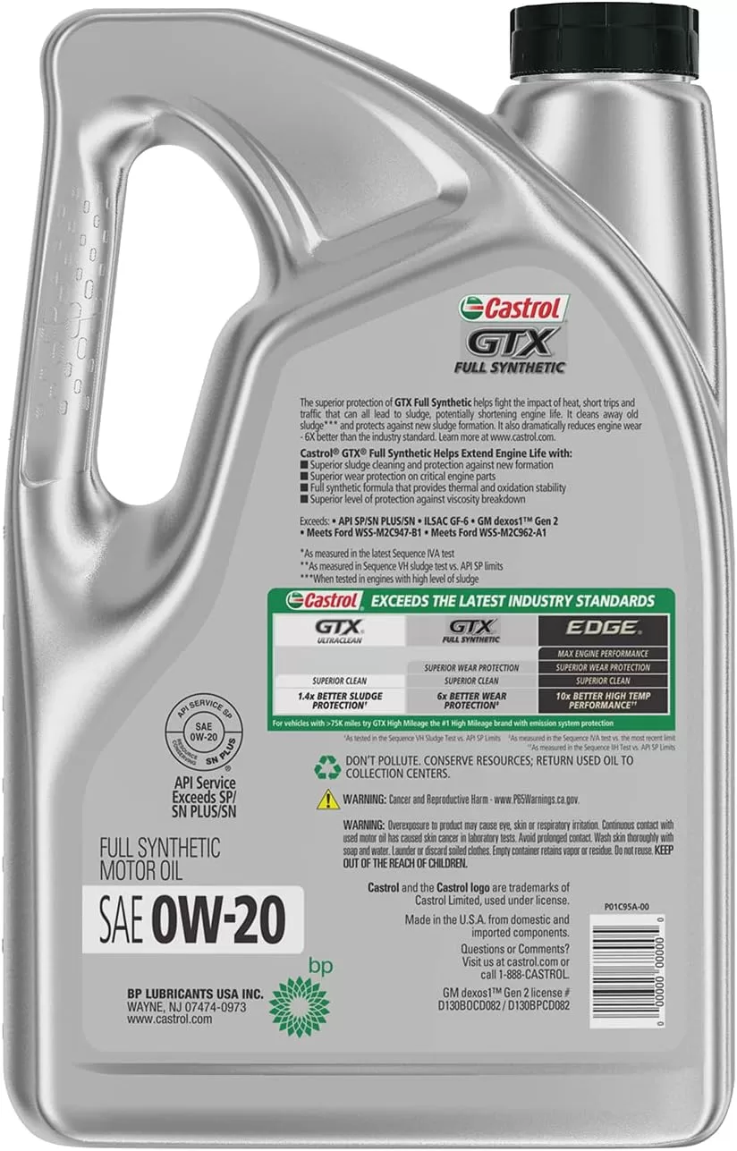 Castrol GTX Full Synthetic 0W-20 Motor Oil, 5 Quarts