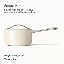 Caraway Nonstick Ceramic Sauce Pan with Lid (3 qt) - Non Toxic, PTFE & PFOA Free - Cream