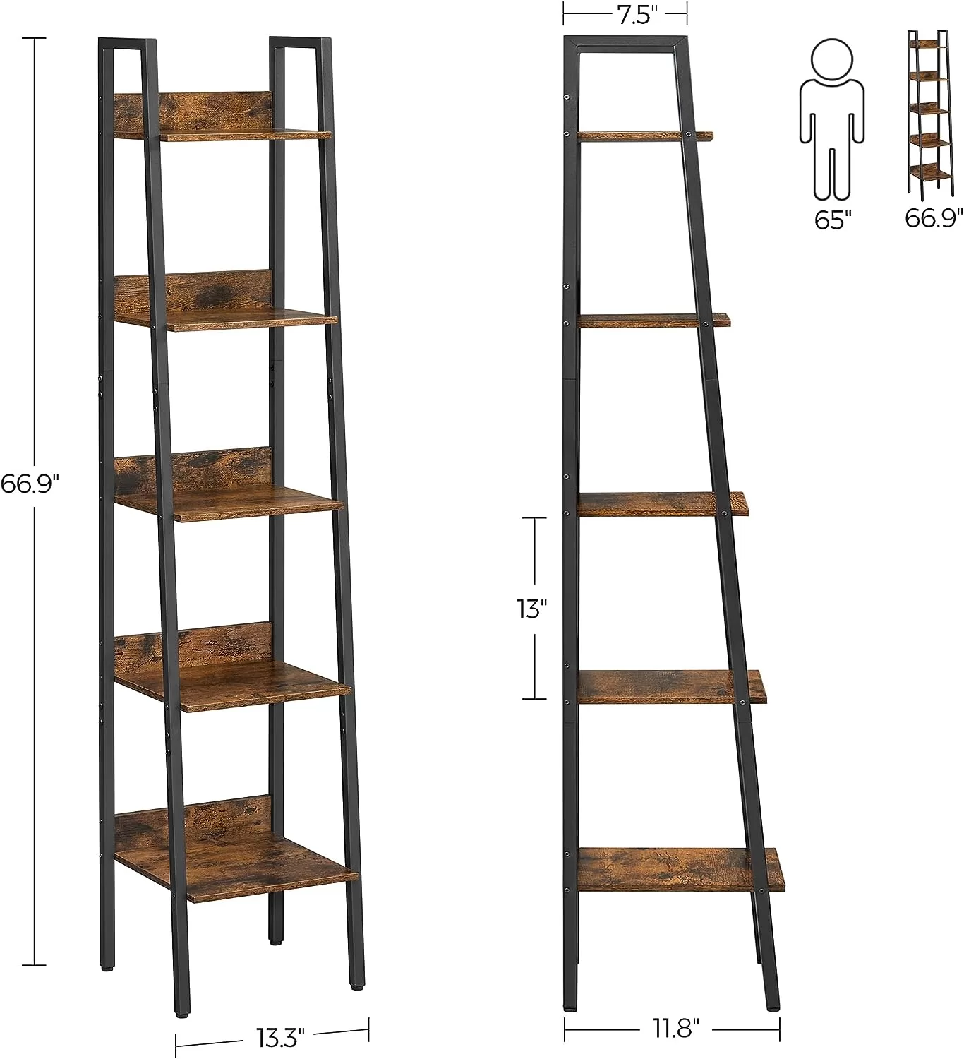 VASAGLE Bookshelf, 5-Tier Narrow Book Shelf, Bookcase for Home Office, Living Room, Bedroom, Kitchen, Rustic Brown and Black ULLS109B01